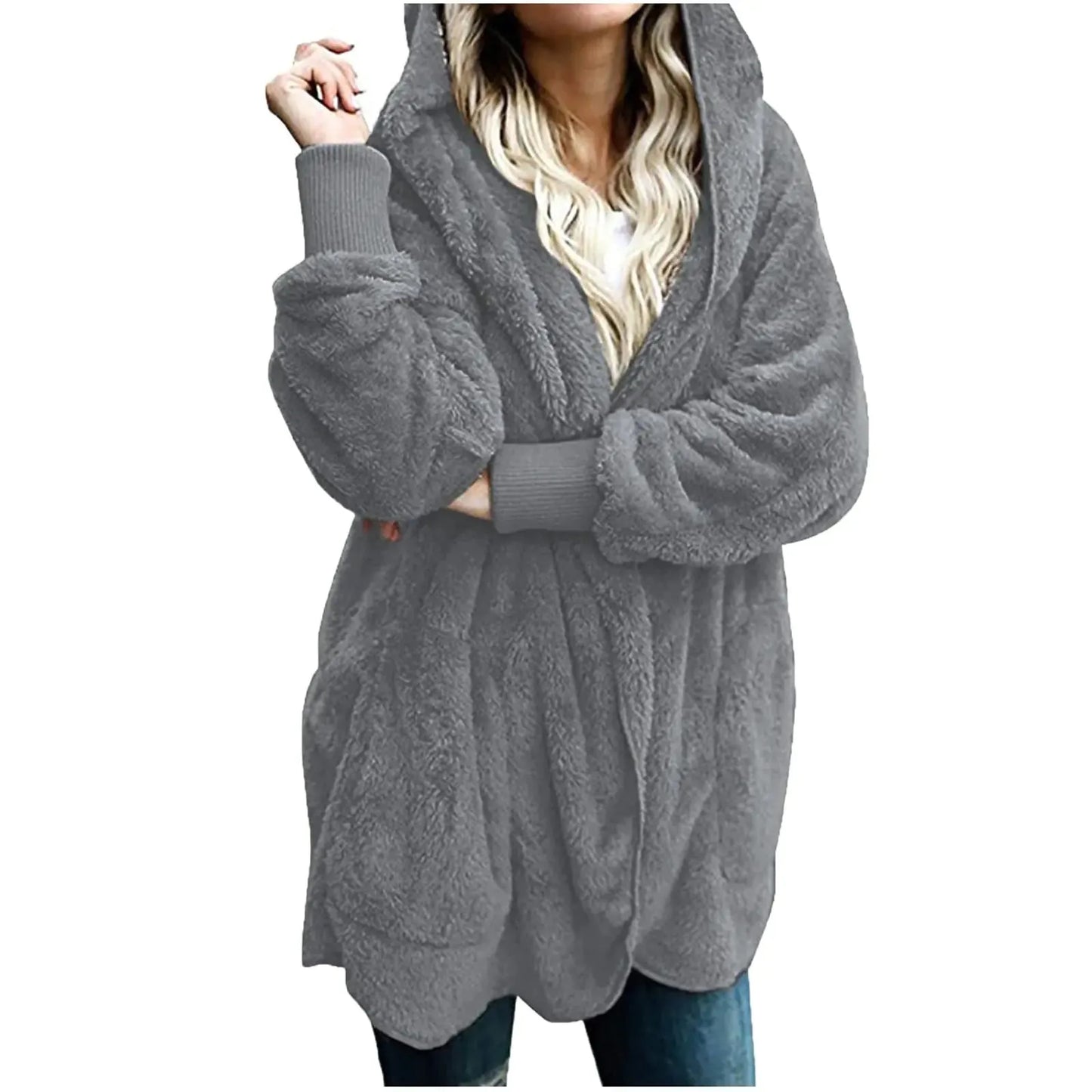 Sherpa Jacket Women Fuzzy Long Sleeve Open Front Hooded Cardigans Hoodies Shaggy Fleece Jackets Winter Faux Fur Coat Oversized Chunky Cardigans Comfy Sherpa Hoodie Plus Size Sweater Coat with Pockets