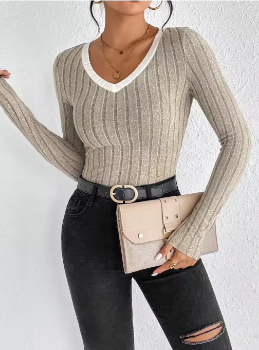 Ribbed V-Neck Long Sleeve Top